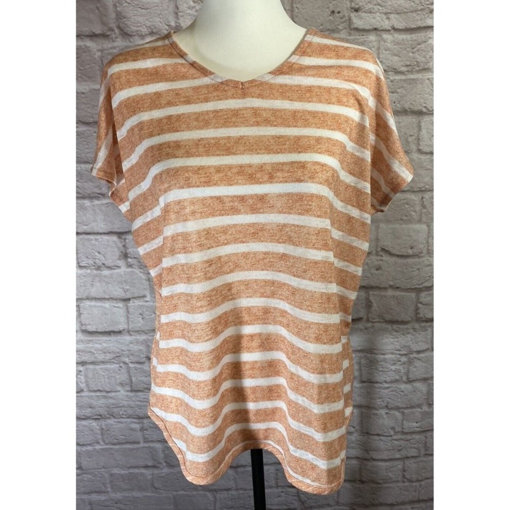 Weekends CHICOS Womens Shirt SZ 2 (L) Orange Striped Dolman Sleeve Top 8736